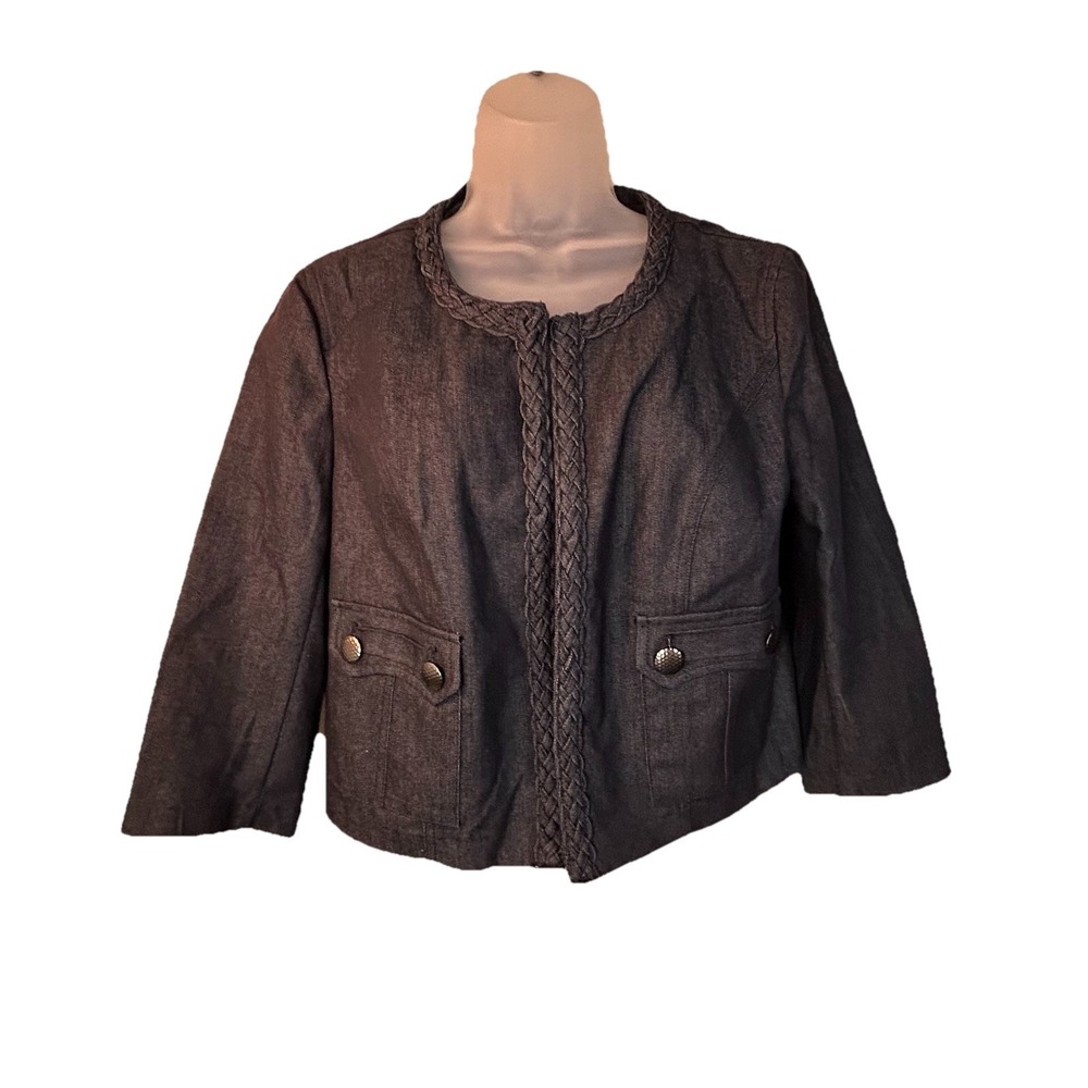 Cato‎ Black Denim 3/4 Sleeves Open front Short Jacket Faux Pockets Medium